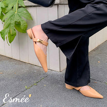 Load image into Gallery viewer, Apricot-Leather-Pointed-Toe-Mules-with-Metal-Buckle-Design-model-shots