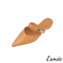 Load image into Gallery viewer, Apricot-Leather-Pointed-Toe-Mules-with-Metal-Buckle-Design-product-shots-white-background