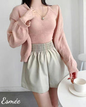 Load image into Gallery viewer, Beige-Korean-Synthetic-Leather-Short-Pants-with-Ribbon-Band-model-shots-1