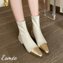 Load image into Gallery viewer, Beige-Leather-Ankle-Boots-with-Metallic-Toe-Cap-model-shots
