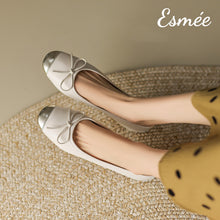 Load image into Gallery viewer, Beige-Leather-Ballet-Flats-with-Bow-Knot-and-Metallic-Toe-Cap-model-shots