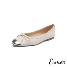 Load image into Gallery viewer, Beige-Leather-Ballet-Flats-with-Bow-Knot-and-Metallic-Toe-Cap-product-shots-white-background