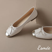Load image into Gallery viewer, Beige-Leather-Ballet-Flats-with-Bow-Knot-and-Metallic-Toe-Cap-product-shots