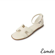 Load image into Gallery viewer, Beige-Leather-Flat-Sandals-with-Ankle-Straps-product-shots-white-background