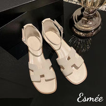 Load image into Gallery viewer, Beige-Leather-Flat-Sandals-with-Ankle-Straps-product-shots