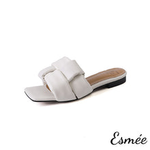 Load image into Gallery viewer, Beige-Leather-Flat-Sandals-with-Thick-Woven-Design-product-shots-white-background