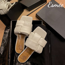 Load image into Gallery viewer, Beige-Leather-Flat-Sandals-with-Thick-Woven-Design-product-shots