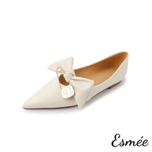 Load image into Gallery viewer, Beige-Leather-Flats-with-Big-Bow-Knot-and-Pin-Buckle-Design-product-shots-white-background