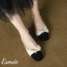 Load image into Gallery viewer, Beige-Leather-Flats-with-Black-Toe-Cap-and-Bow-Knot-model-shots