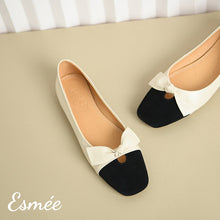 Load image into Gallery viewer, Beige-Leather-Flats-with-Black-Toe-Cap-and-Bow-Knot-product-shots