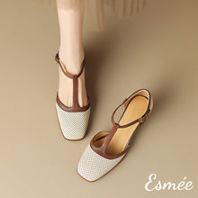 將圖片載入圖庫檢視器 Beige-Leather-High-Heel-T-Straps-Sandals-with-Dual-Color-Design-model-shots