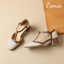 將圖片載入圖庫檢視器 Beige-Leather-High-Heel-T-Straps-Sandals-with-Dual-Color-Design-product-shots