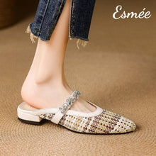 Load image into Gallery viewer, Beige-Leather-Mules-with-Diamond-Straps-and-Knitting-Design-model-shots