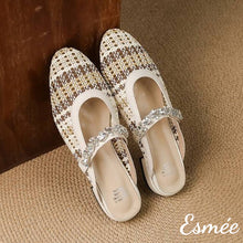 Load image into Gallery viewer, Beige-Leather-Mules-with-Diamond-Straps-and-Knitting-Design-product-shots