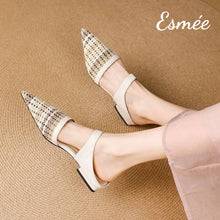 Load image into Gallery viewer, Beige-Leather-Mules-with-Pointed-Toe-and-Woven-Design-model-shots