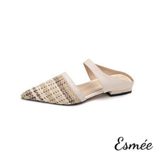 Load image into Gallery viewer, Beige-Leather-Mules-with-Pointed-Toe-and-Woven-Design-product-shots-white-background