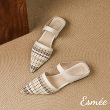 Load image into Gallery viewer, Beige-Leather-Mules-with-Pointed-Toe-and-Woven-Design-product-shots