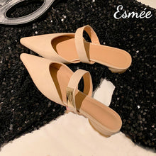 Load image into Gallery viewer, Beige-Leather-Pointed-Toe-Mules-with-Metal-Buckle-Design-product-shots