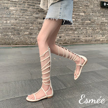 將圖片載入圖庫檢視器 Beige-Leather-Roman-Sandals-with-Rear-Zippers-model-shots