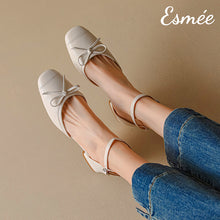 Load image into Gallery viewer, Beige-Leather-Sandals-with-Bow-Knot-and-Ankle-Straps-model-shots