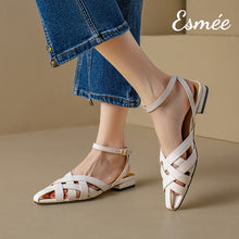 將圖片載入圖庫檢視器 Beige-Leather-Sandals-with-Woven-Design-and-Ankle-Straps-model-shots