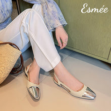 Load image into Gallery viewer, Beige-Leather-Slingback-with-Metallic-Toe-Cap-model-shots