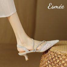 Load image into Gallery viewer, Beige-Tweed-Fabrics-High-Heel-Sandals-with-Diamond-Straps-Design-model-shots