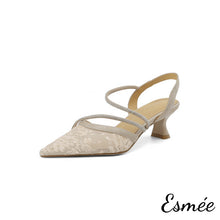 Load image into Gallery viewer, Beige-Tweed-Fabrics-High-Heel-Sandals-with-Diamond-Straps-Design-product-shots-white-background