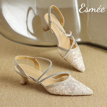 Load image into Gallery viewer, Beige-Tweed-Fabrics-High-Heel-Sandals-with-Diamond-Straps-Design-product-shots