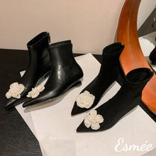 Load image into Gallery viewer, Black-Ankle-Boots-with-Mini-Pearl-Flower-Design-product-shots