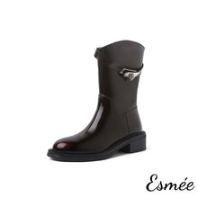 Load image into Gallery viewer, Black-Calfskin-Leather-Mid-Boots-with-Metal-Lock-Buckle-product-shots-white-background