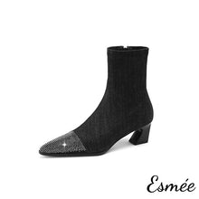 將圖片載入圖庫檢視器 Black-Denim-Ankle-High-Heel-Boots-with_Rhinestone-Toe-Cap-product-shots-white-backrground