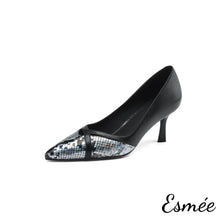 Load image into Gallery viewer, Black-Dual-Color-Leather-High-Heels-with-Snake-Leather-Toe-Cap-product-shots-white-background