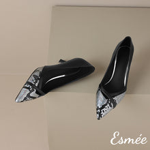 Load image into Gallery viewer, Black-Dual-Color-Leather-High-Heels-with-Snake-Leather-Toe-Cap-product-shots