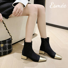 Load image into Gallery viewer, Black-Fabrics-Ankle-Boots-with-Metallic-Heel-and-Toe-Cap-model-shots
