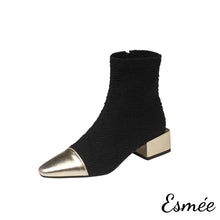 Load image into Gallery viewer, Black-Fabrics-Ankle-Boots-with-Metallic-Heel-and-Toe-Cap-product-shots-white-background