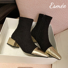 Load image into Gallery viewer, Black-Fabrics-Ankle-Boots-with-Metallic-Heel-and-Toe-Cap-product-shots
