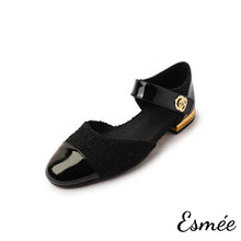 Load image into Gallery viewer, Black-Fabrics-Sandals-with-Patent-Leather-Toe-Cap-and-Ankle-Straps-product-shots-white-background