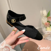 Load image into Gallery viewer, Black-Fabrics-Sandals-with-Patent-Leather-Toe-Cap-and-Ankle-Straps-product-shots