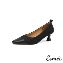 Load image into Gallery viewer, Black-Frabrics-High-Heels-with-Leather-Toe-Cap-product-shots-white-background