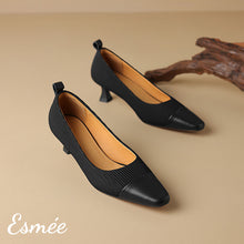 Load image into Gallery viewer, Black-Frabrics-High-Heels-with-Leather-Toe-Cap-product-shots