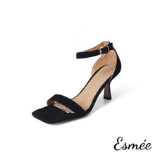 Load image into Gallery viewer, Black-Horsehair-High-Heel-Sandals-with-Ankle-Straps-product-shots-white-background