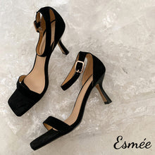 Load image into Gallery viewer, Black-Horsehair-High-Heel-Sandals-with-Ankle-Straps-product-shots