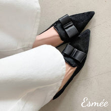 Load image into Gallery viewer, Black-Horsehair-Pointed-Loafers-with-Bow-Knot-Design-model-shots