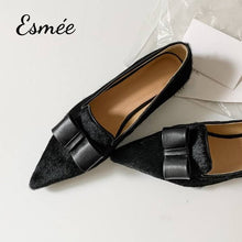 Load image into Gallery viewer, Black-Horsehair-Pointed-Loafers-with-Bow-Knot-Design-product-shots