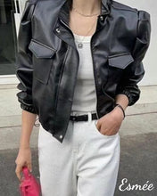 將圖片載入圖庫檢視器 Black-Korean-Synthetic-Leather-Jacket-with-Puffed-Sleeves-model-shots-1