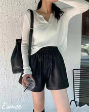 Load image into Gallery viewer, Black-Korean-Synthetic-Leather-Short-Pants-with-Ribbon-Band-model-shots-1
