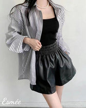 Load image into Gallery viewer, Black-Korean-Synthetic-Leather-Short-Pants-with-Ribbon-Band-model-shots-2