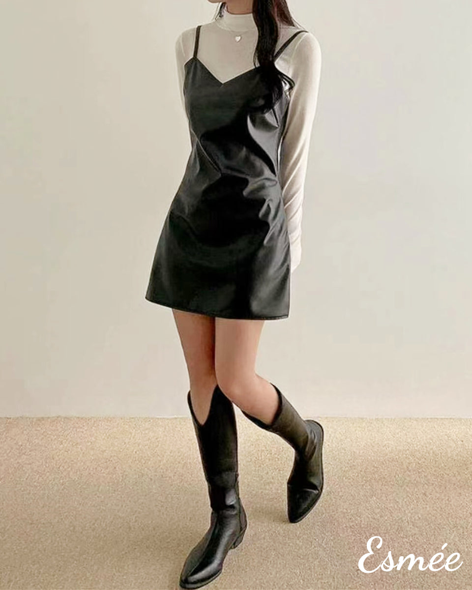 Korean Synthetic Leather One Piece Dress – Esmée.Hong Kong