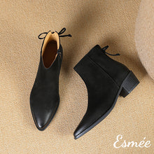 將圖片載入圖庫檢視器 Black-Lambskin-Leather-Ankle-Boots-with-Rear-Zippers-and-Bow-Knot-Design-product-shots